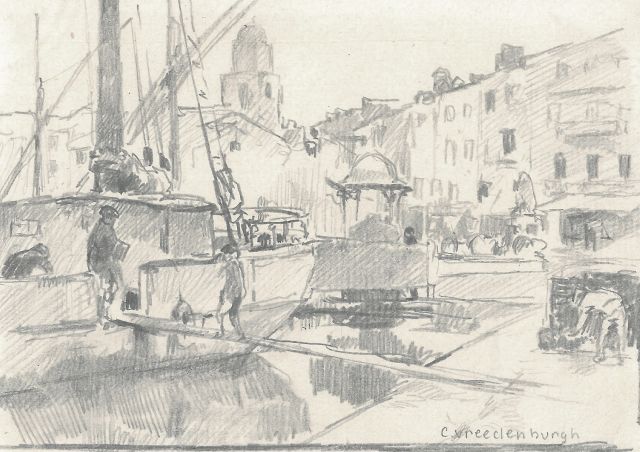 Cornelis Vreedenburgh | A view of a harbour, pencil on paper, 9.3 x 14.9 cm, signed l.r.