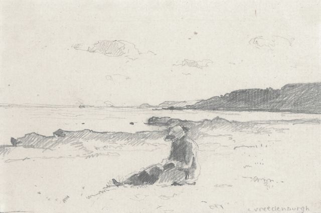 Cornelis Vreedenburgh | A woman reading on the beach, pencil and watercolour on paper, 9.1 x 14.0 cm, signed l.r.
