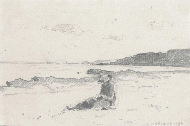 Cornelis Vreedenburgh | A woman reading on the beach, pencil on paper, 9.1 x 14.0 cm, signed l.r.