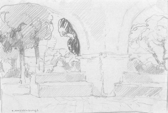 Cornelis Vreedenburgh | A monastery courtyard, pencil on paper, 9.1 x 13.8 cm, signed l.l.