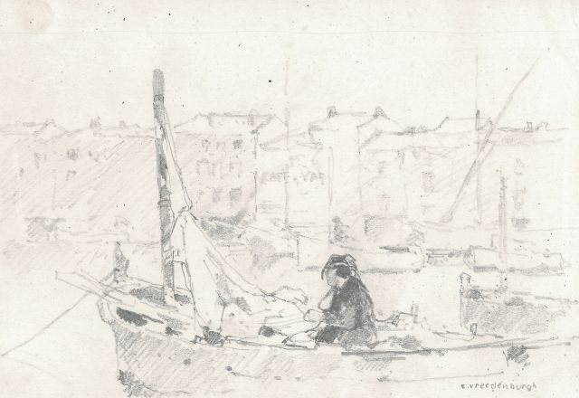 Cornelis Vreedenburgh | A fishing port, pencil on paper, 12.4 x 19.4 cm, signed l.r.