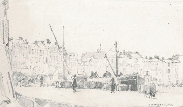 Cornelis Vreedenburgh | Loading and unloading onto the quay, pencil on paper, 10.9 x 18.9 cm, signed l.r.