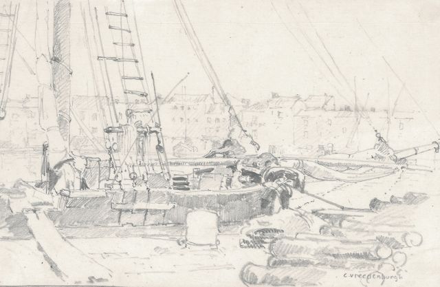 Cornelis Vreedenburgh | A cargo ship at the quay, pencil on paper, 12.7 x 19.9 cm, signed l.r.