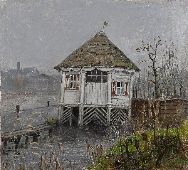 Harm Kamerlingh Onnes | A pavilion by the water, oil on canvas laid down on panel, 33.1 x 36.5 cm, signed l.l. with init and in full on a sticker on the rev and dated '48