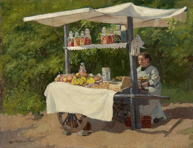 Louis Soonius | Woman with a candy- and fruit cart, oil on canvas laid down on panel, 34.9 x 45.3 cm, signed l.l.
