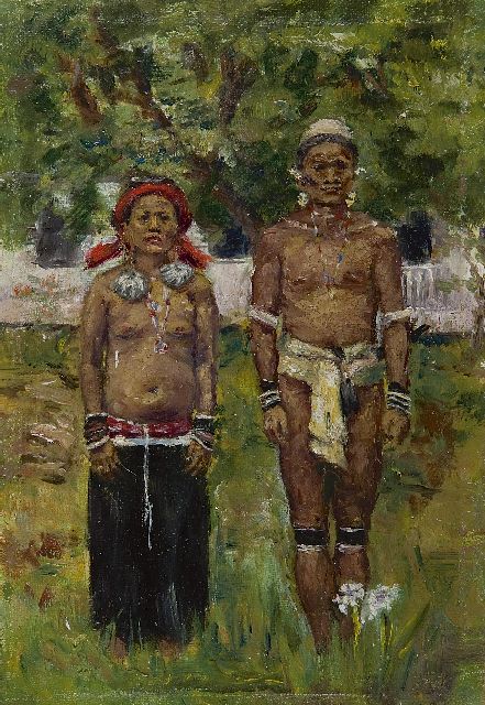 Hollandse School, begin 20e eeuw   | Dajaks, Borneo, oil on canvas laid down on cardboard 22.6 x 15.5 cm