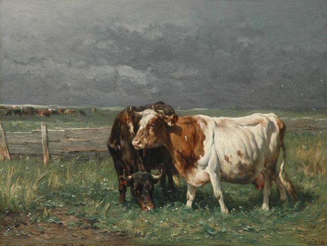 Haas J.H.L. de | Cattle in a meadow, oil on panel 74.5 x 100.2 cm, signed l.r.