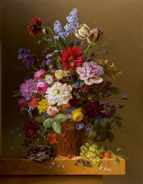 Arnoldus Bloemers | Flowers in a terracotta vase on a marble ledge, oil on panel, 104.2 x 81.4 cm, signed l.l. with monogram and dated 1839