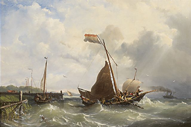 Nicolaas Riegen | Sailing vessels and a steamer leaving port, oil on canvas, 59.5 x 87.1 cm, signed l.r.