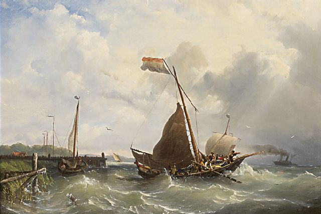 Riegen N.  | Sailing vessels and a steamer leaving port, oil on canvas 59.5 x 87.1 cm, signed l.r.