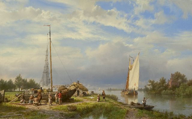 Hermanus Koekkoek | Alongside a calm river on a summer day, oil on canvas, 36.8 x 58.0 cm, signed l.l.