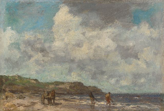 Jacob Maris | Shell fishermen in the breakers, oil on panel, 26.3 x 37.5 cm, signed l.l.