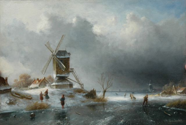 Charles Leickert | A windmill along a frozen river, oil on panel, 26.0 x 38.0 cm, signed l.r.