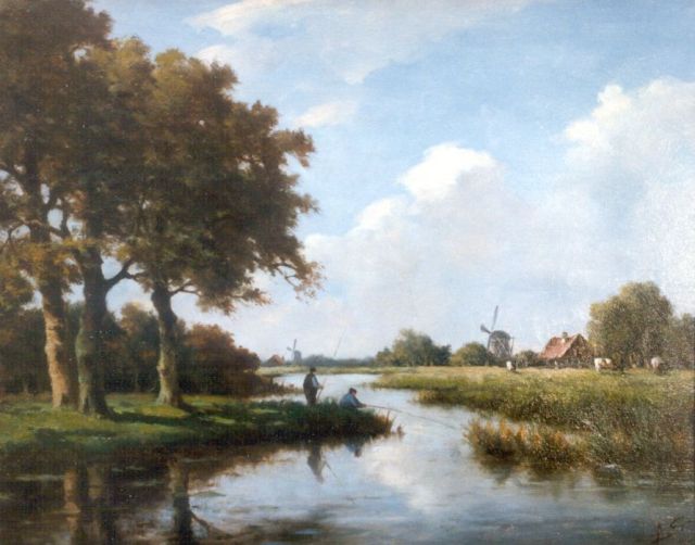 Adriaan Marinus Geijp | Anglers in a polder landscape, oil on panel, 29.8 x 37.5 cm, signed l.r. with monogram
