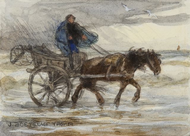 Zoetelief Tromp J.  | Shell fisherman with horse-and-carriage, pencil and watercolour on paper 12.7 x 16.8 cm, signed l.l.