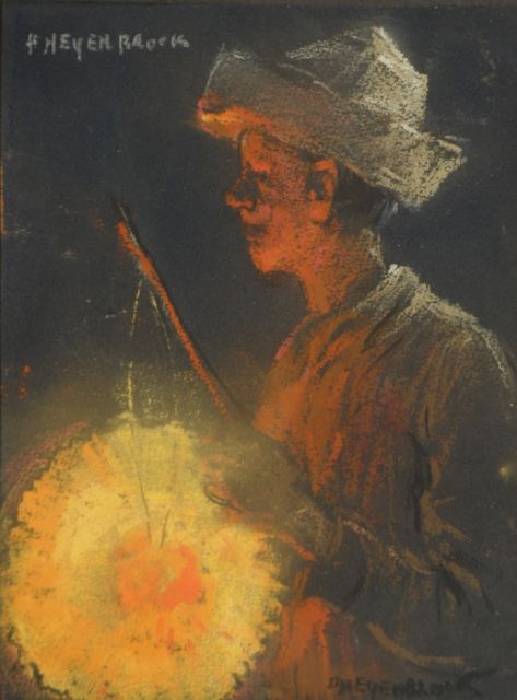 Heijenbrock J.C.H.  | Boy with a lantern, pastel on black paper 11.8 x 8.9 cm, signed signed u.l. and l.r.