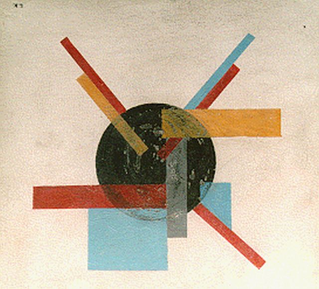 Kroha L.  | Suprematische compositie in zwart/rood geel en blauw, oil on panel 25.1 x 25.7 cm, gesigneerd r.o.