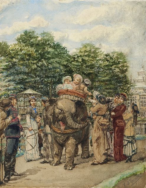 Hendrikus Matheus Horrix | The zoo in The Hague: a ride on the elephant, watercolour on paper, 28.5 x 22.3 cm, signed l.r.