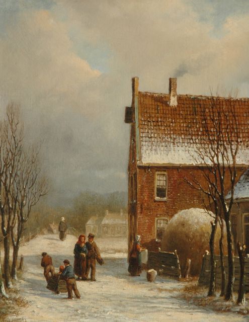 Oene Romkes de Jongh | A street scene in winter, oil on canvas, 36.5 x 29.2 cm, signed l.l.