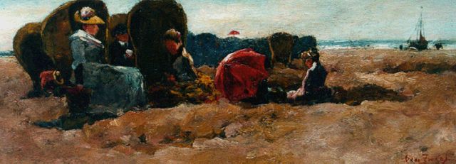 Zwart W.H.P.J. de | Elegant figures on the beach, oil on panel 14.0 x 36.0 cm, signed l.r.