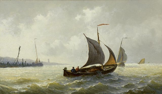 Gruijter jr. W.  | Sailing vessels in stormy weather, oil on panel 29.9 x 50.1 cm, signed l.r. with initials and in full on the reverse and dated 1878 on the reverse