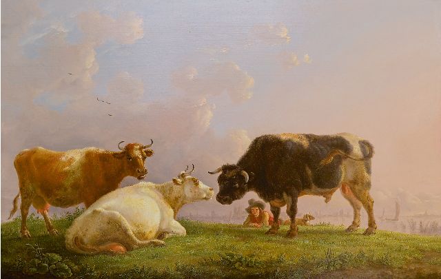 Jean Baptiste De Roy | A shepherd with cows and a bull, a town in the distance, oil on panel, 41.5 x 64.5 cm, signed l.r. and painted ca. 1825-1835