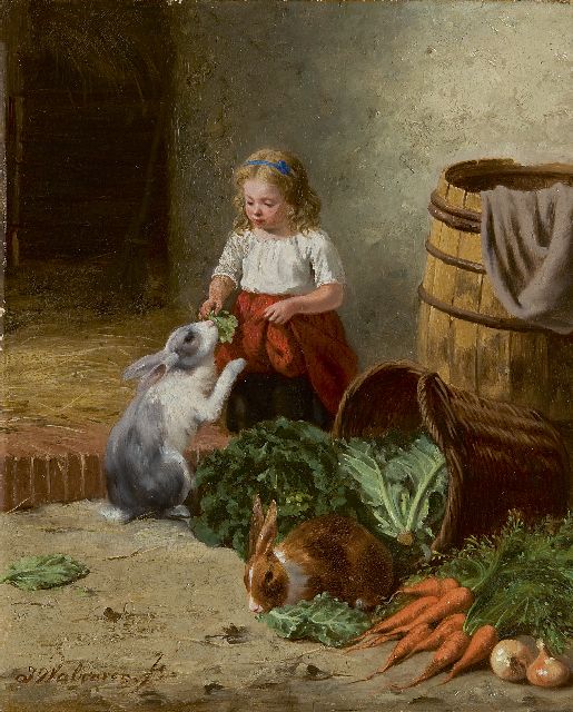 Jan Walraven | Feeding the rabbits, oil on panel, 33.9 x 27.6 cm, signed l.l. and dated 'Bruxelles 1878' on the reverse