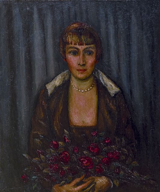 Wiegman M.J.M.  | A woman with a bouquet of roses, oil on canvas 65.2 x 54.2 cm, signed l.r. and dated 'Paris '20'