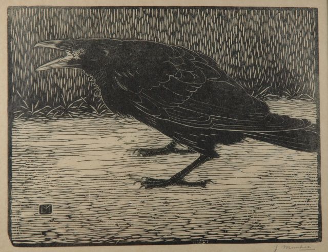 Mankes J.  | Screaming crow, woodcut on paper 18.3 x 23.8 cm, signed l.r. in full (in pencil) and with mon. in the bloc and executed in 1918