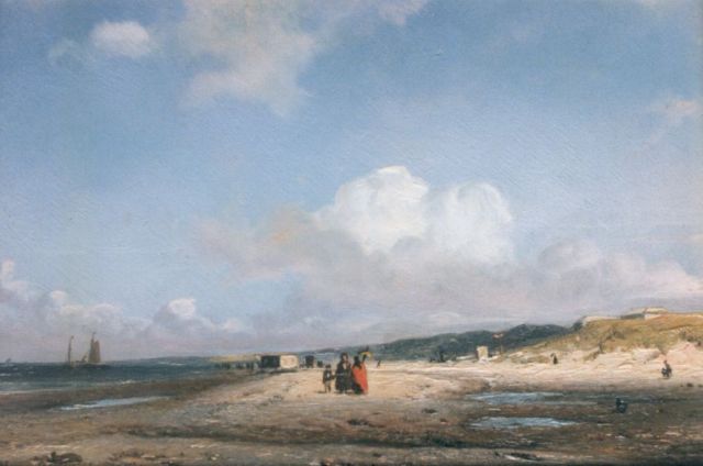 Deventer W.A. van | Strolling along the beach, oil on panel 12.3 x 18.2 cm, signed l.l.