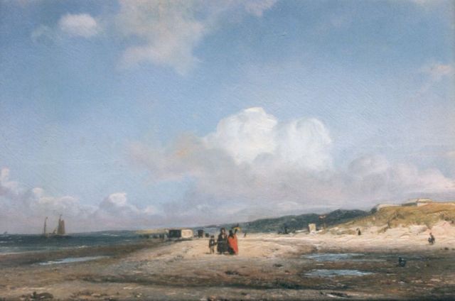 Deventer W.A. van | Strolling along the beach, oil on panel 12.3 x 18.2 cm, signed l.l.