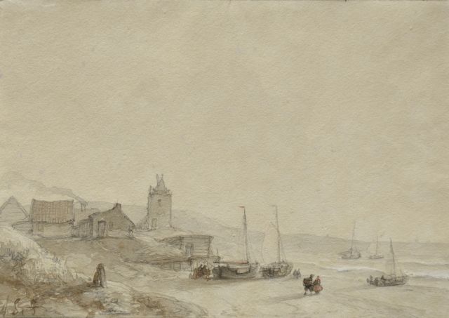 Andreas Schelfhout | Figures near fishing smacks on the beach, washed ink and watercolour on paper, 13.0 x 19.0 cm, signed l.l. with initials