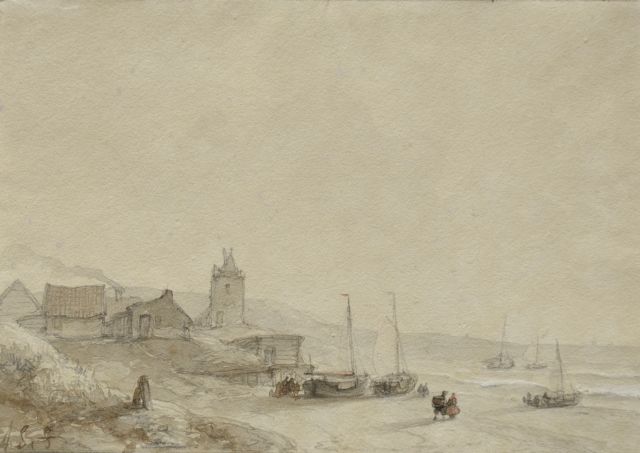 Schelfhout A.  | Figures near fishing smacks on the beach, washed ink and watercolour on paper 13.0 x 19.0 cm, signed l.l. with initials