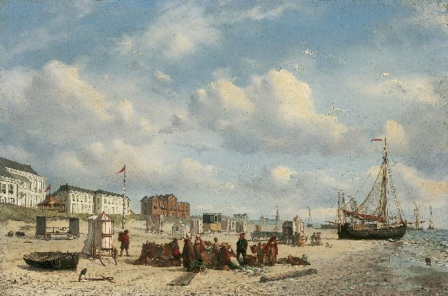 Schiedges P.P.  | A fish auction and an elegant company on the beach of Scheveningen, oil on panel 28.8 x 43.5 cm, signed l.l. and dated '58