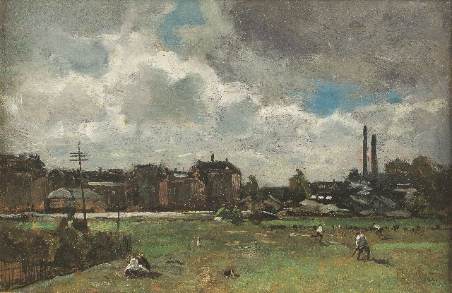 Jan van Essen | The old cricket ground behind the Rijksmuseum, Amsterdam, oil on canvas laid down on panel, 17.6 x 26.6 cm, signed l.r. and dated 1891