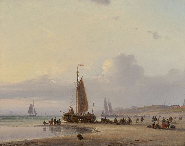 Lodewijk Johannes Kleijn | A fishing boat and fishermen on the beach of Scheveningen, oil on panel, 18.7 x 23.5 cm, signed l.l.