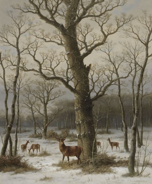 Caesar Bimmermann | A snowy forest with deer, oil on canvas, 94.3 x 77.1 cm, signed l.r. and dated 'Dldf. 1886'