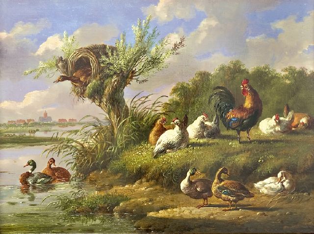 Albertus Verhoesen | Poulty near the waterfront, oil on panel, 20.7 x 27.0 cm