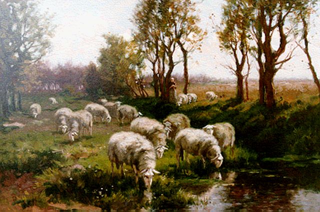 Leurs J.K.   | Shepherdess with flock, oil on canvas 47.5 x 67.5 cm, signed l.r.