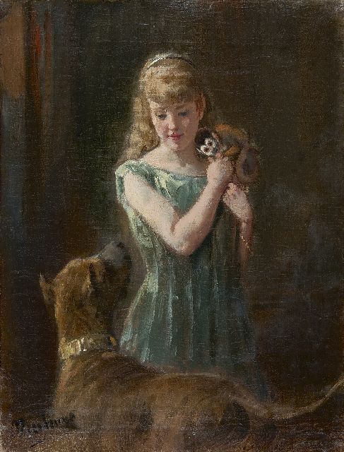Otto Eerelman | Girl with monkey and dog, oil on canvas, 32.1 x 24.6 cm, signed l.l.