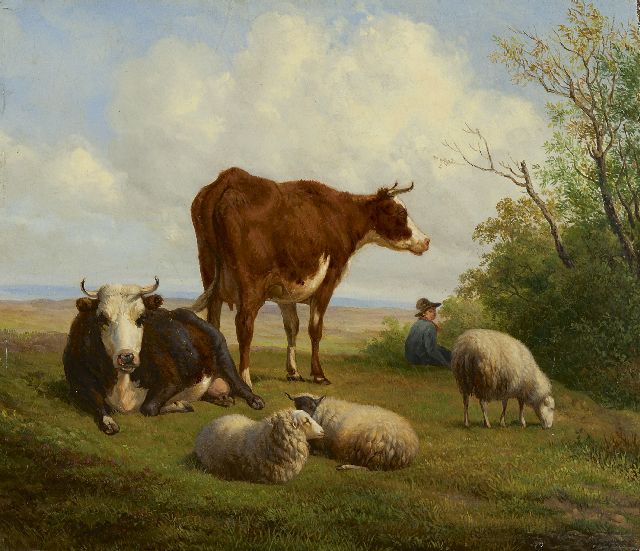 Sande Bakhuyzen H. van de | A summer landscape with cowherd and cattle, oil on panel 26.2 x 30.1 cm
