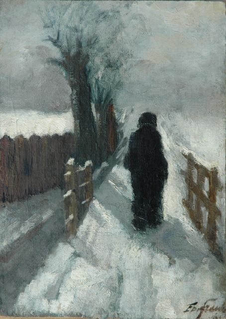 Eduard Frankfort | Figure in the snow, oil on canvas laid down on panel, 39.7 x 28.4 cm, signed l.r.