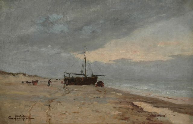 Petitjean E.M.  | Fishing boats on a Dutch beach at sunset, oil on canvas 31.0 x 47.0 cm, signed l.l.