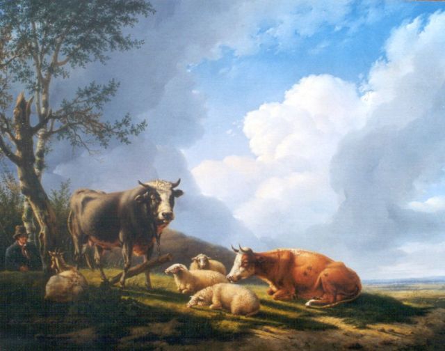 Hagenbeek Ch.  | Cows and sheep resting in a summer landscape, oil on canvas 89.2 x 118.7 cm, signed with monogram on bull and tree trunk