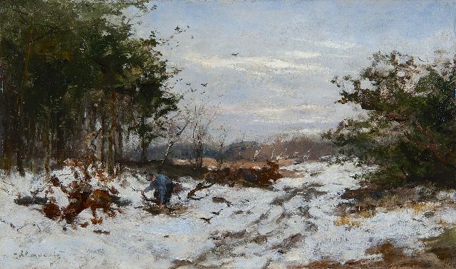 Johan Frederik Cornelis Scherrewitz | Gathering wood in a snowy landscape, oil on panel, 24.9 x 42.0 cm, signed l.l.