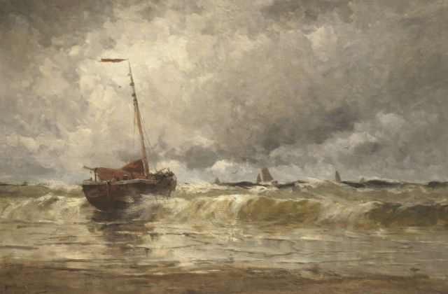 Willem Johannes Schütz | Moored fishing ships near the beach, oil on canvas, 80.5 x 120.4 cm, signed l.l. and dated 1880