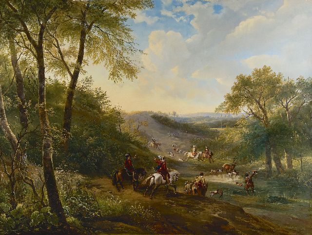 Nuijen W.J.J.  | A deer hunt in a valley, oil on panel 66.5 x 88.5 cm, signed l.r.