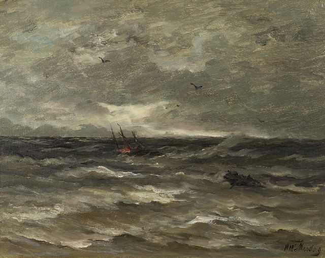 Hendrik Willem Mesdag | A ship burning at sea, oil on canvas, 40.0 x 50.0 cm, signed l.r.