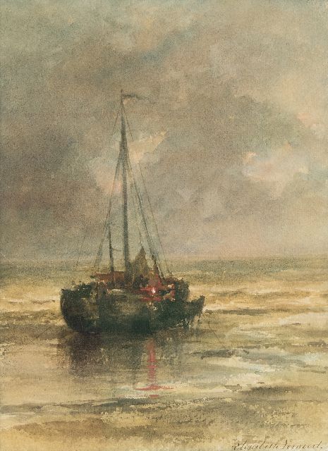 Verwoert M.E.  | Moored fishing boat near the beach, watercolour on paper 29.8 x 22.2 cm, signed l.r.