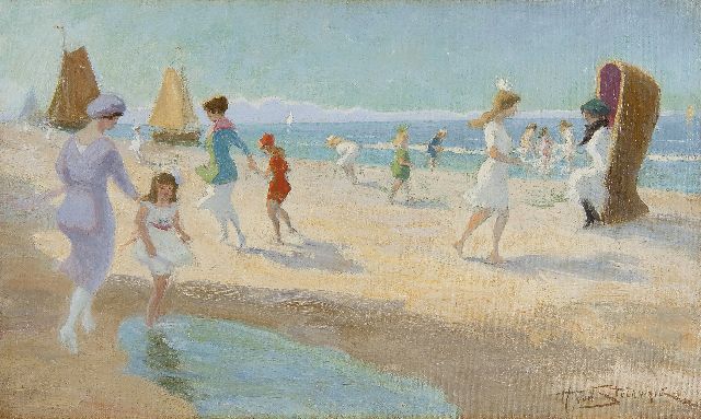 Hendrik Steenwijk | Fun at the beach, oil on canvas laid down on board, 28.9 x 48.2 cm, signed l.r.